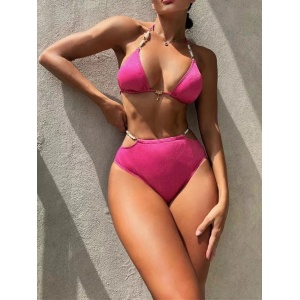 Costum de baie 2 piese cu talie inalta, decupaje laterale si perle decorative, roz neon #ZZ2892 - Img 6