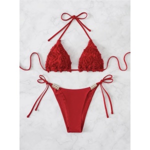 Costum de baie 2 piese cu trandafiri aplicati si perle decorative, rosu #ZZ2756 - Img 3