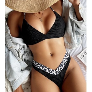 Costum de baie 2 piese din material creponat, negru #ZZ2743