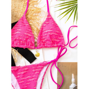 Costum de baie 2 piese din material texturat, slip reglabil, roz neon #ZZ2068 - Img 5