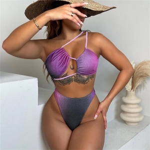 Costum de baie 2 piese in degrade cu sclipici, sutien cu burete detasabil, slip normal, mov #ZZ2712 - Img 3