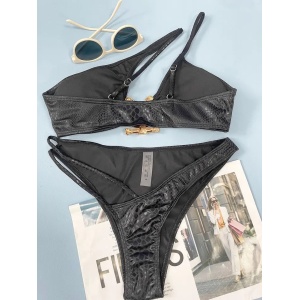 Costum de baie 2 piese lucios, imprimeu sarpe, catarama decorativa, negru #ZZ2908 - Img 4