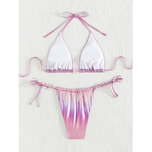 Costum de baie 2 piese metalizat cu cercuri decorative, slip reglabil, roz #ZZ2103 - Img 4