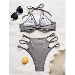 Costum de baie 2 piese metalizat cu decupaje si slip cu talie inalta, argintiu #ZZ2023 - Img 4
