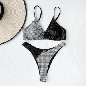 Costum de baie 2 piese metalizat in doua culori, slip tanga, negru/ argintiu #ZZ2849 - Img 3