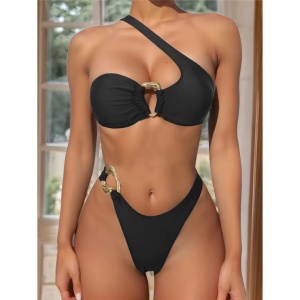 Costum de baie 2 piese pe un umar cu catarame metalice aurii, negru #ZZ2142