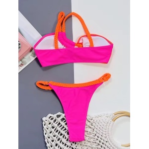 Costum de baie 2 piese pe un umar cu snururi impletite, roz neon/portocaliu #ZZ2056 - Img 3