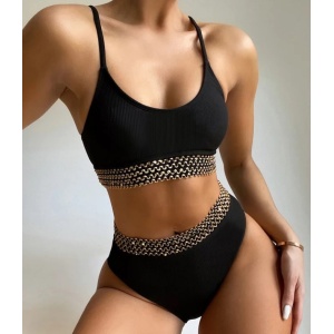 Costum de baie 2 piese reiat, broderie aurie, slip cu talie inalta, negru #ZZ2805