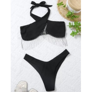 Costum de baie 2 piese reiat cu franjuri metalice la sutien, negru #ZZ2820 - Img 5