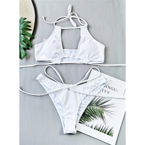 Costum de baie 2 piese reiat cu snururi decorative , alb #ZZ2870 - Img 3