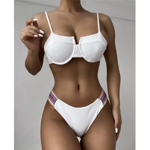 Costum de baie 2 piese reiat, slip cu elastice laterale colorate, alb #ZZ2864
