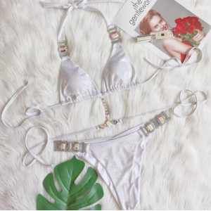 Costum de baie 2 piese sidefat cu cristale decorative si slip brazilian, argintiu #ZZ2043 - Img 11