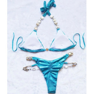 Costum de baie 2 piese sidefat cu cristale decorative si slip brazilian, bleu/ turcoaz #ZZ2078 - Img 2