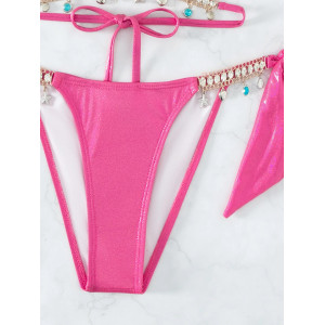 Costum de baie 2 piese sidefat cu slip reglabil si accesorii metalice decorative, roz neon #ZZ2072 - Img 7
