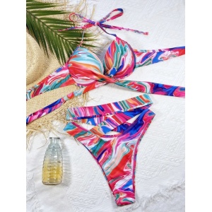 Costum de baie 2 piese, slip brazilian cu talie inalta, cupe tari din burete, multicolor #ZZ2732 - Img 3