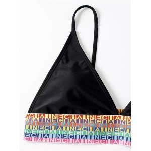 Costum de baie 2 piese, slip brazilian cu talie inalta, elastice late colorate, negru #ZZ2734 - Img 5