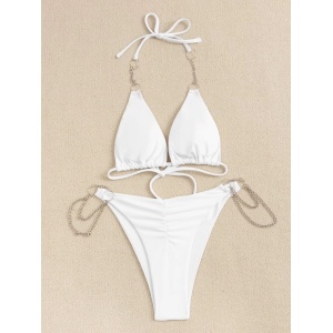 Costum de baie 2 piese, slip cu lantisoare decorative, alb #ZZ2838 - Img 2