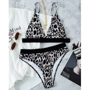 Costum de baie 2 piese, slip cu talie inalta, imprimeu leopard, alb/ negru #ZZ2730 - Img 3