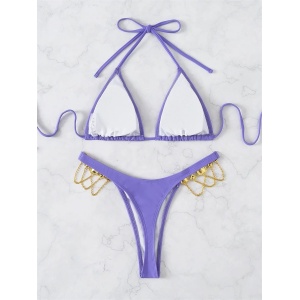 Costum de baie 2 piese, slip ta ga cu cristale decorative, mov #ZZ2900 - Img 7