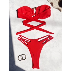 Costum de baie 2 piese, sutien fără bretele cu cataramă metalică decorativă, rosu #ZZ2155 - Img 5