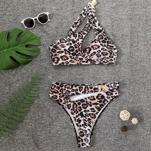 Costum de baie 2 piese, sutien pe un umar, imprimeu leopard, bej/negru #ZZ2824 - Img 4