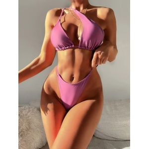 Costum de baie 2 piese, sutien pe un umar si slip tanga cu cristale la spate, roz #ZZ2131 - Img 2