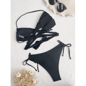 Costum de baie 2 piese, sutien petrecut cu bureti detasabili, slip brazilian reglabil, negru #ZZ2737 - Img 5