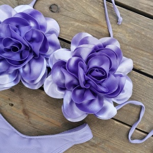 Costum de baie 2 piese tanga cu flori mari aplicate pe cupe , mov/ lila #ZZ2117 - Img 10