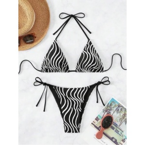 Costum de baie 2 piese texturat cu dungi albe decorative si slip reglabil, negru #ZZ2778 - Img 4