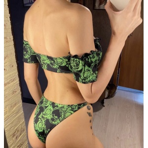 Costum de baie 2 piese texturat cu elemente metalice decorative, verde/negru #ZZ2761 - Img 5