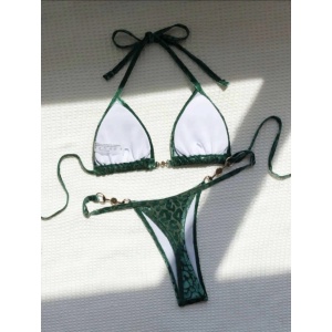 Costum de baie 2 piese texturat cu imprimeu leopard, slip tanga, verde #ZZ2127 - Img 12