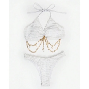 Costum de baie 2 piese texturat cu lantisoare aurii decorative, alb #ZZ2902 - Img 3