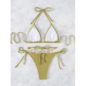 Costum de baie 2 piese texturat cu lantisor decorativ la slip, verde kaki #ZZ2763 - Img 4