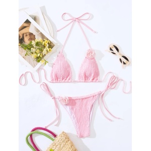 Costum de baie 2 piese texturat cu trandafiri aplicati si slip reglabil, roz #ZZ2111 - Img 6