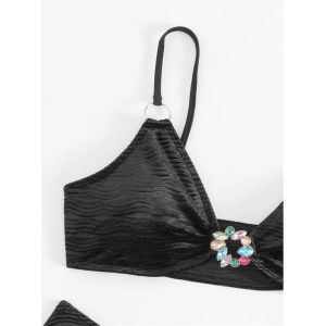 Costum de baie 2 piese texturat, sidefat, sutien cu cristale decorative, negru #ZZ2860 - Img 4
