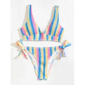 Costum de baie 2 piese texturat, slip reglabil pe lateral, multicolor #ZZ2845 - Img 4
