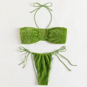 Costum de baie 2 piese texturat, slip reglabil, verde #ZZ2893 - Img 3