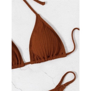 Costum de baie 2 piese texturat, slip tanga cu cristale decorative la spate, maro #ZZ2889 - Img 9