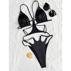 Costum de baie 2 piese unite prin snururi cu imprimeu leopard, negru #ZZ1064 - Img 8