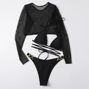 Costum de baie 3 piese cu bluza, cercuri metalice la slip, negru #ZZ3944 - Img 9