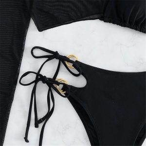 Costum de baie 3 piese cu bluza din voal elastic, slip reglabil cu cercuri metalice, negru #ZZ3936 - Img 10