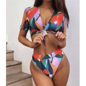 Costum de baie 3 piese cu bluza scurta, rosu #ZZ3913
