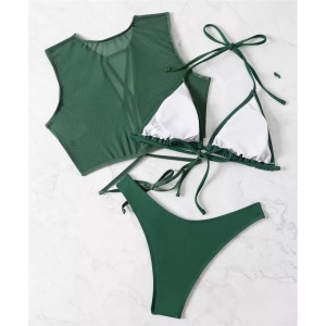 Costum de baie 3 piese cu bluza scurta si slip brazilian, verde #ZZ3910 - Img 4