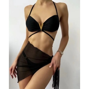 Costum de baie 3 piese cu esarfa si accesoriu metalic auriu, negru #ZZ3969
