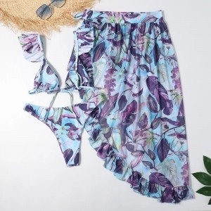 Costum de baie 3 piese cu fusta, imprimeu floral, multicolor #ZZ3932 - Img 4