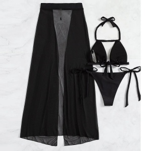 Costum de baie 3 piese cu fusta lunga din voal, elemente metalice decorative, negru #ZZ3923 - Img 4