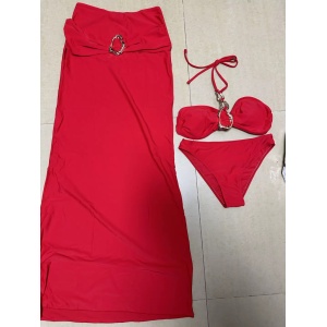 Costum de baie 3 piese cu fusta lungă și catarame metalice decorative , roșu #ZZ3030 - Img 5