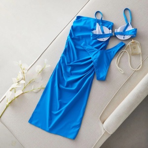 Costum de baie 3 piese cu fusta lunga si fundite decorative, albastru #ZZ3042 - Img 4