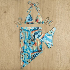 Costum de baie 3 piese cu fusta scurta si imprimeu, multicolor #ZZ3962 - Img 2
