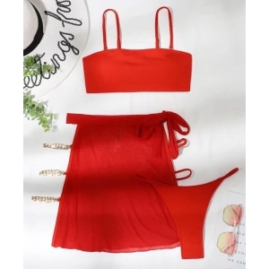 Costum de baie 3 piese cu fusta si lantisoare aurii decorative, rosu #ZZ3906 - Img 2
